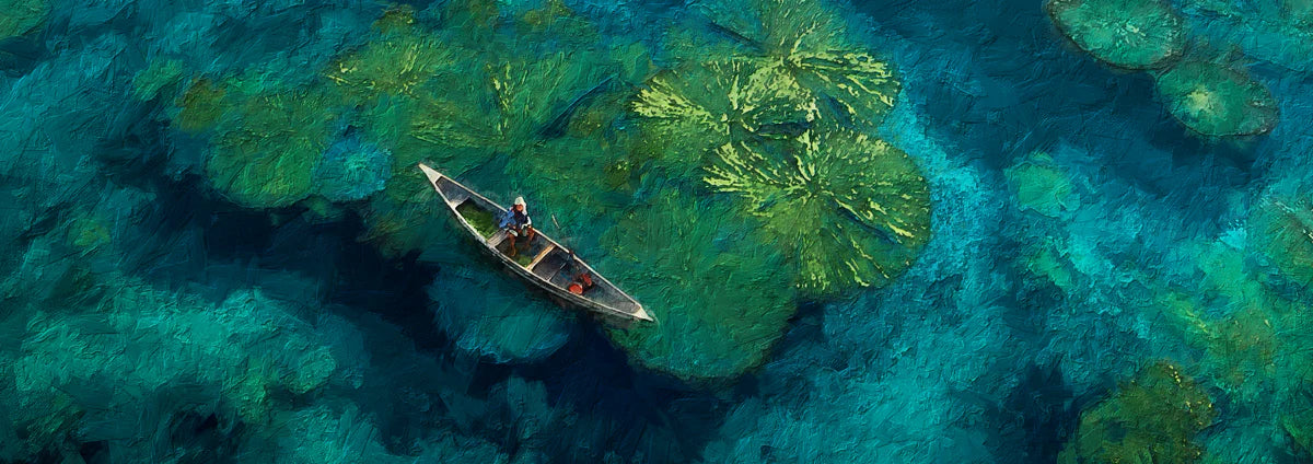 Impressionist Lily Pad Boat Mural Wallpaper — Aerial Pond Design Mural Wallpaper - room preview 04