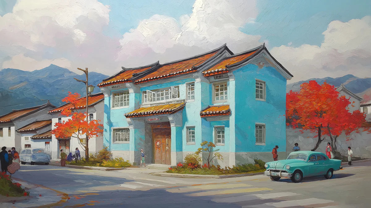Heritage Village Street Mural Wallpaper — Nostalgic Oil Painting Mural Wallpaper - room preview 04