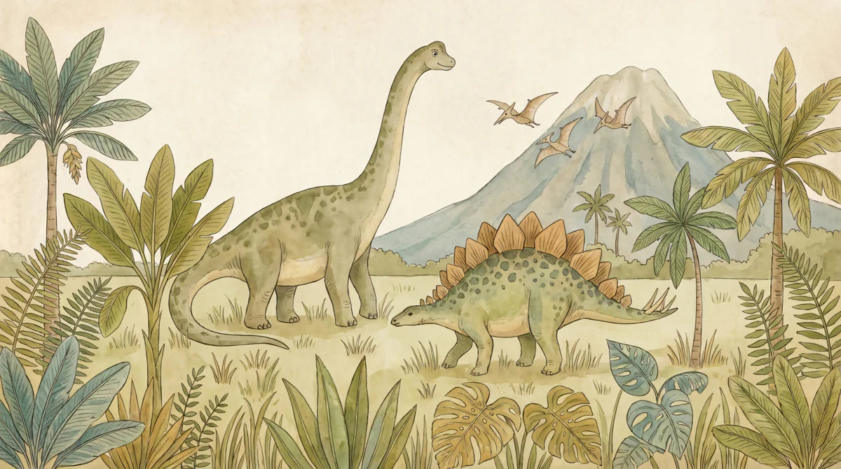 Watercolor Prehistoric Dinosaur Mural — Earthy Nursery Wallpaper Mural Wallpaper - room preview 04