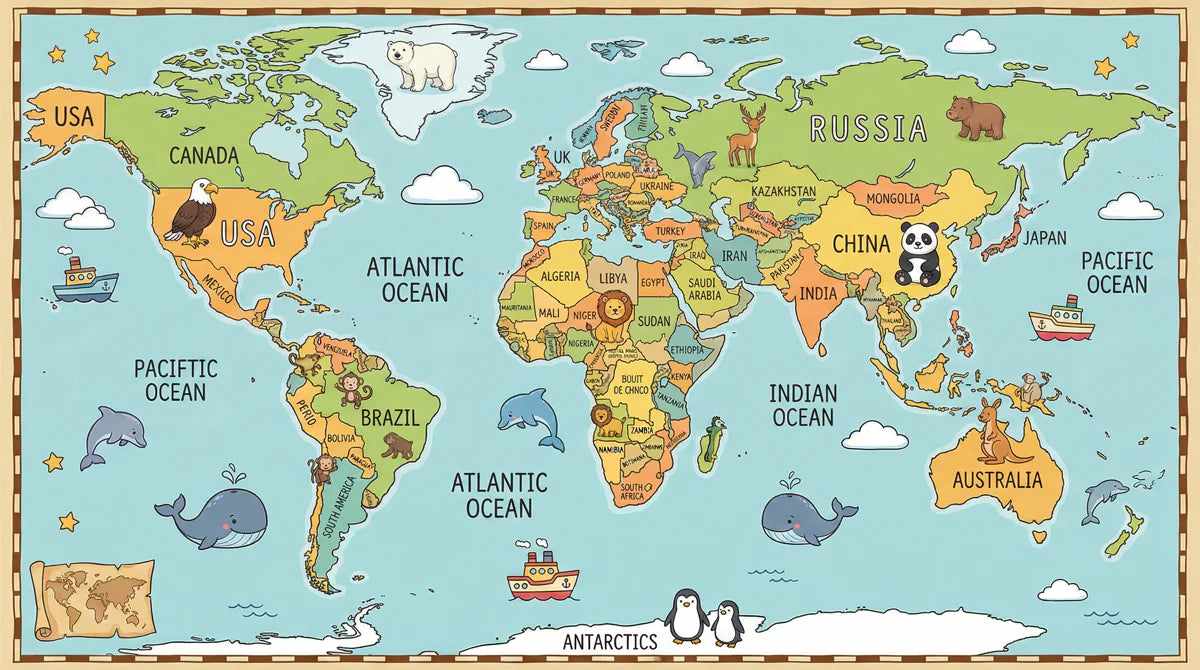 Illustrated World Map Kids Mural Wallpaper — Friendly Cartography Mural Wallpaper - room preview 04