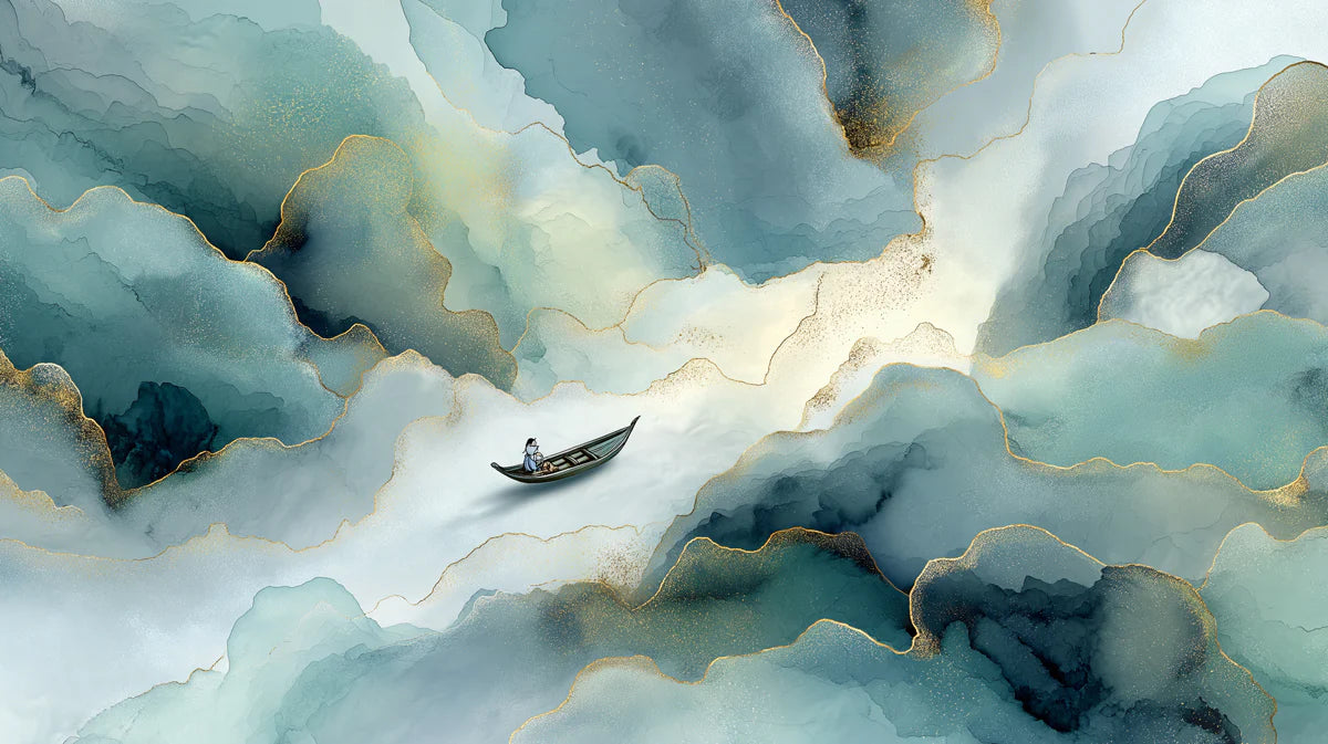 Abstract Teal Ink and Gold Boat Mural Wallpaper - room preview 04