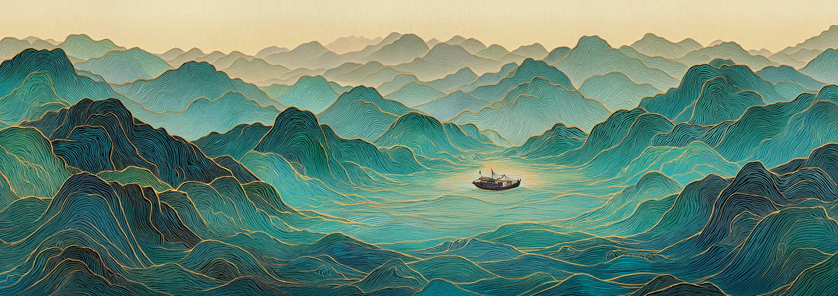 Floating Mountain Peak Mural Wallpaper — Zen Teal and Gold Landscape Mural Wallpaper - room preview 04
