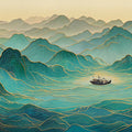 Floating Mountain Peak Mural Wallpaper — Zen Teal and Gold Landscape Mural Wallpaper - room preview 04