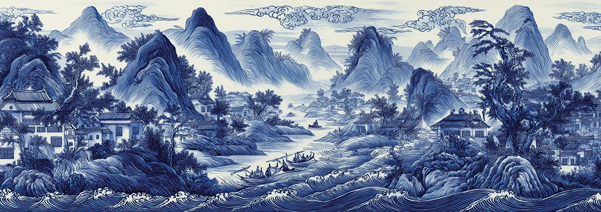 Cobalt Blue Chinoiserie Landscape Mural Wallpaper - room preview 04