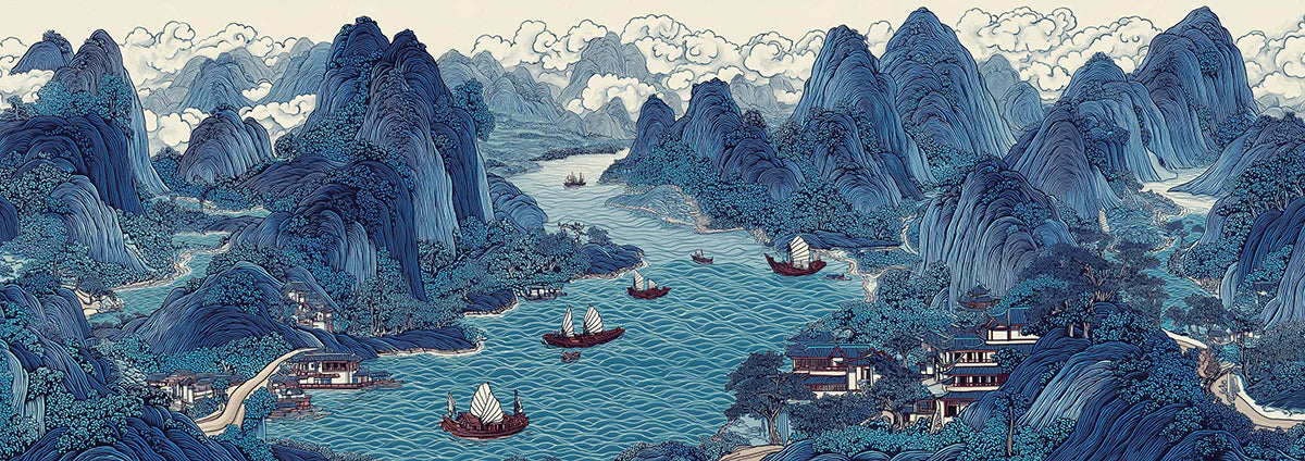 Cobalt Blue Sailboat Chinoiserie Mural Wallpaper — Traditional Art Mural Wallpaper - room preview 04