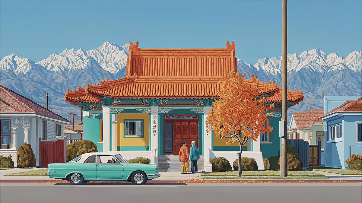 Asian Pavilion and Snowy Peak Mural Wallpaper — Cinematic Scene Mural Wallpaper - room preview 04