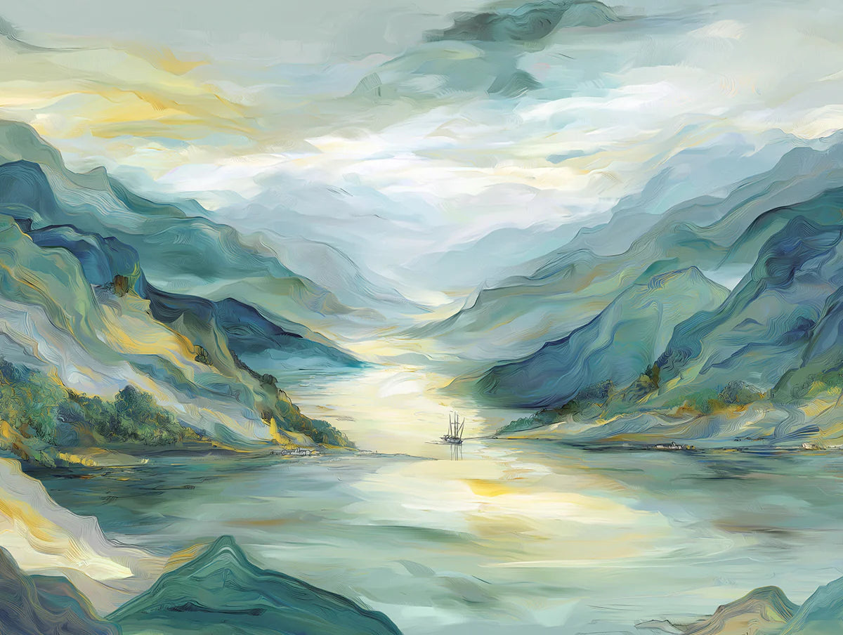 Impressionist Mountain Lake Mural Wallpaper — Painted Landscape Mural Wallpaper - room preview 04