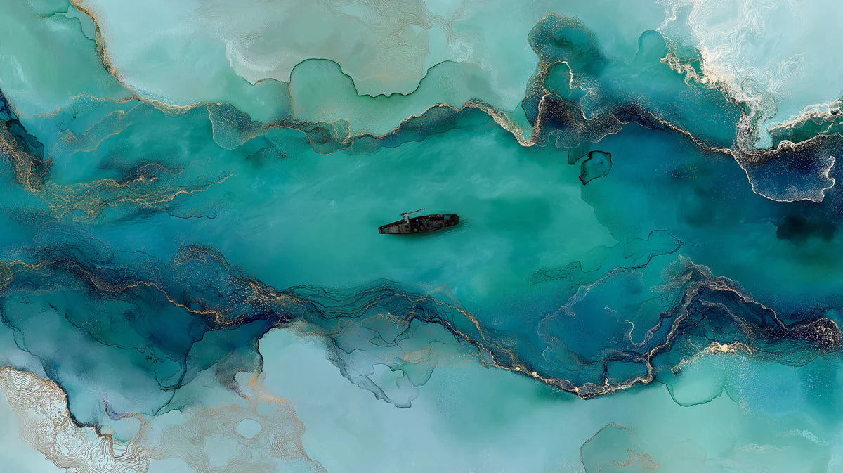 Teal Fluid Ink and Gold Vein Mural Wallpaper — Modern Coastal Art Mural Wallpaper - room preview 04
