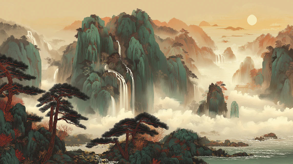 Emerald Peaks Shanshui Landscape Mural Wallpaper - room preview 04