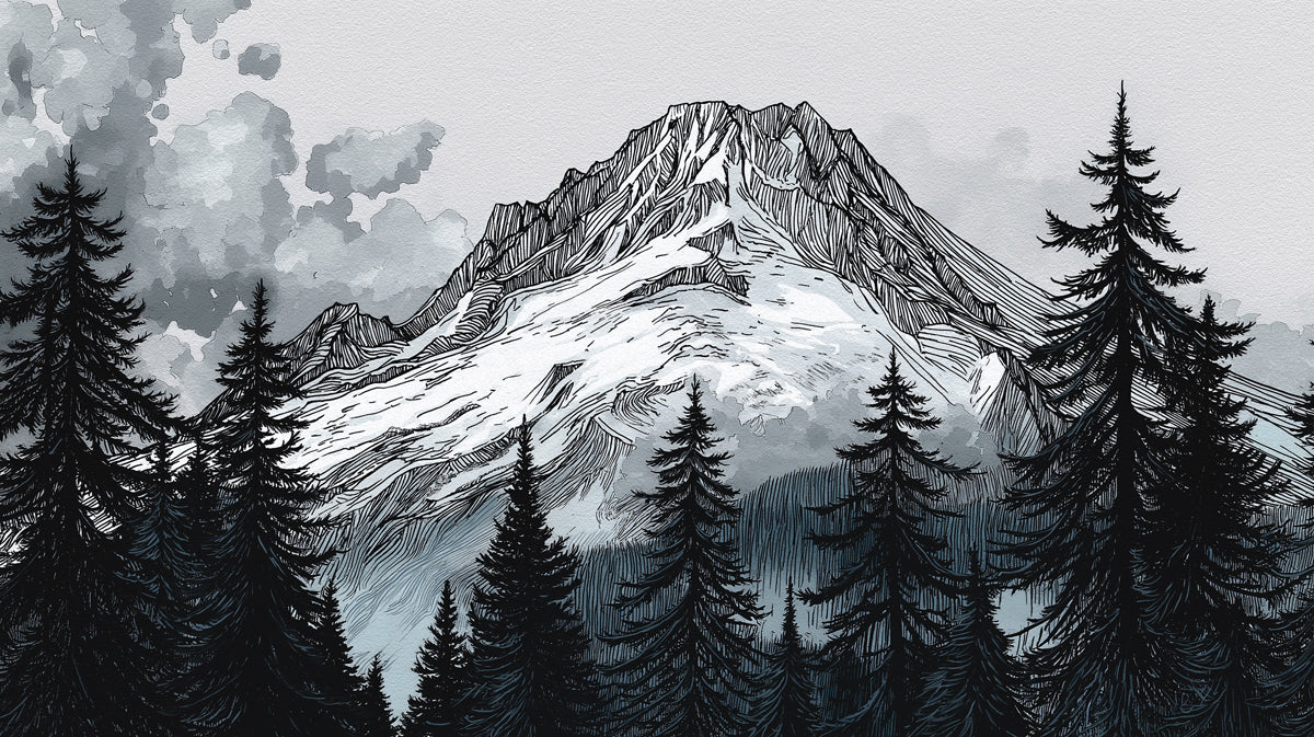 Alpine Ink Sketch Mountain Mural Wallpaper — Monochrome Nature Art Mural Wallpaper - room preview 04