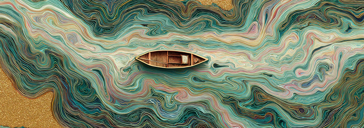 Floating River Abstract Mural Wallpaper — Teal and Gold Swirls Mural Wallpaper - room preview 04