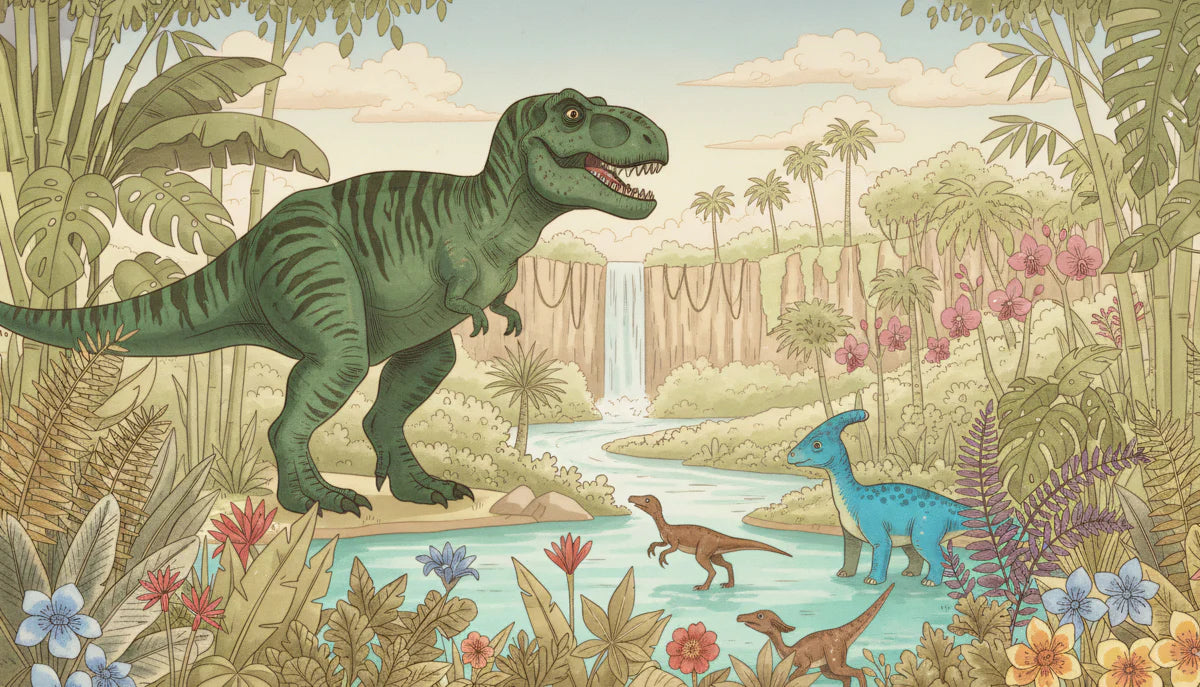 Prehistoric Jungle Adventure Mural Wallpaper — Whimsical Nature Scene Mural Wallpaper - room preview 04