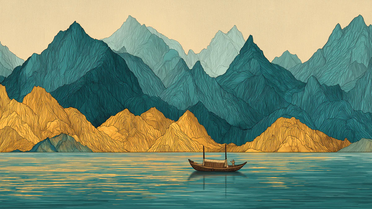 Teal and Ochre Mountain Lake Mural Wallpaper — Stylized Landscape Mural Wallpaper - room preview 04