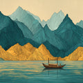 Teal and Ochre Mountain Lake Mural Wallpaper — Stylized Landscape Mural Wallpaper - room preview 04