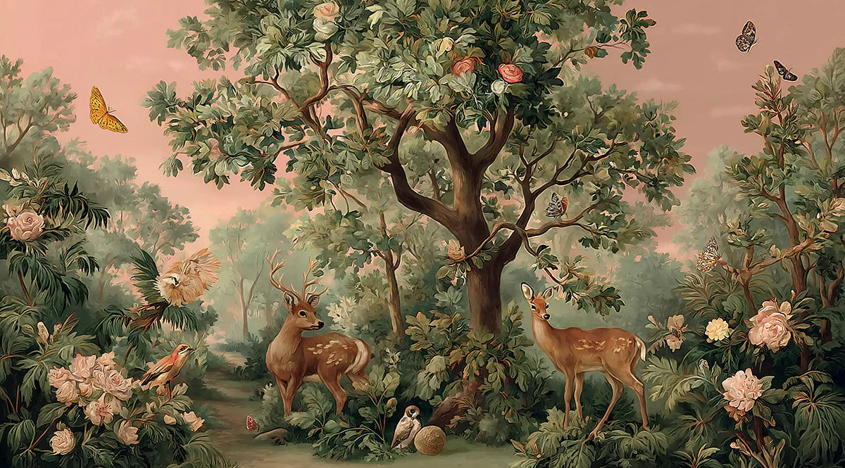 Vintage Forest Deer and Rose Botanical Mural Wallpaper - room preview 04