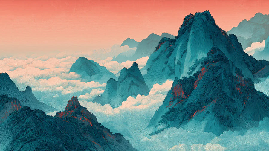 Papier peint mural Pics de montagne sarcelle — Papier peint mural paysage coucher de soleil éthéré printable artwork