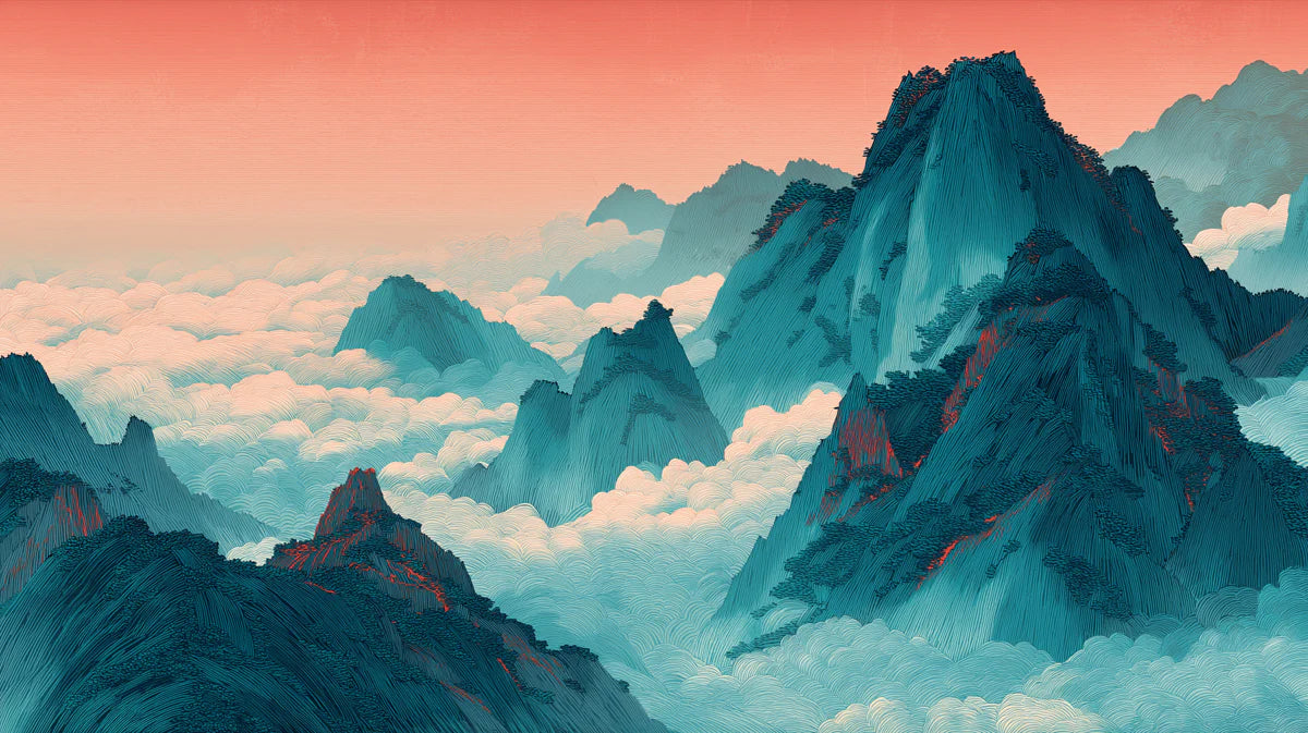 Teal Mountain Peaks Mural Wallpaper — Ethereal Sunset Landscape Mural Wallpaper - room preview 04
