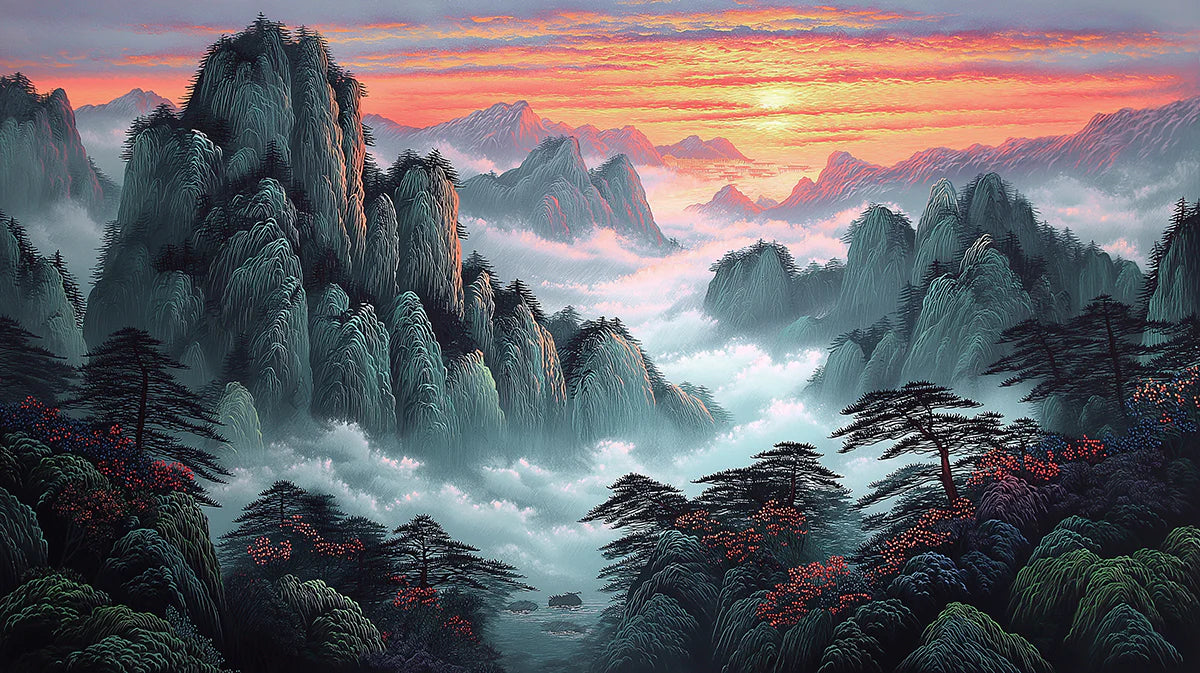 Misty Sunset Mountain Peaks Mural Wallpaper — Painterly Nature Scene Mural Wallpaper - room preview 04