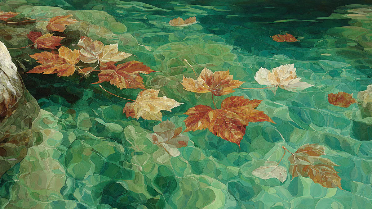 Floating Maple Leaves on Turquoise Water Mural Wallpaper - room preview 04