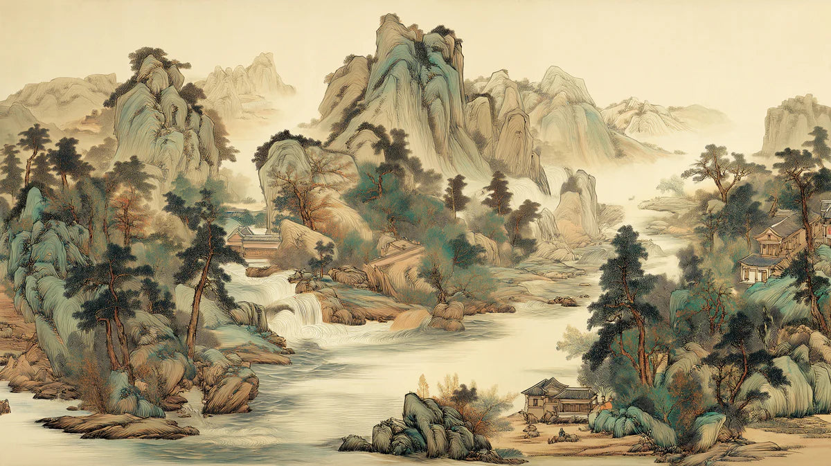 Traditional Mountain Landscape Mural Wallpaper — Zen Art Print Mural Wallpaper - room preview 04