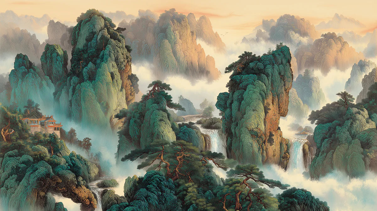 Emerald Mountain Peaks Mural Wallpaper — Traditional Ink Art Style Mural Wallpaper - room preview 04
