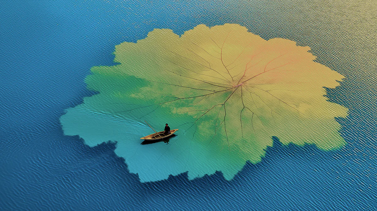 Floating Lotus Leaf Mural Wallpaper — Surreal Lake Waterscape Mural Wallpaper - room preview 04