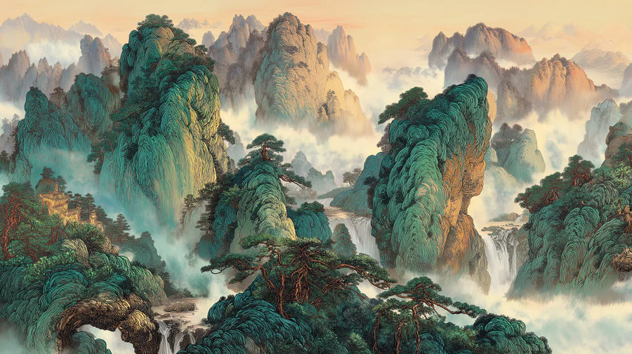 Papier peint mural Sommets de montagne d'émeraude — Papier peint mural Paysage zen traditionnel printable artwork