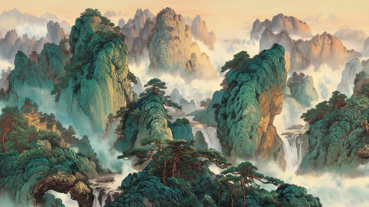 Emerald Mountain Peaks Mural Wallpaper — Traditional Zen Landscape Mural Wallpaper - room preview 04
