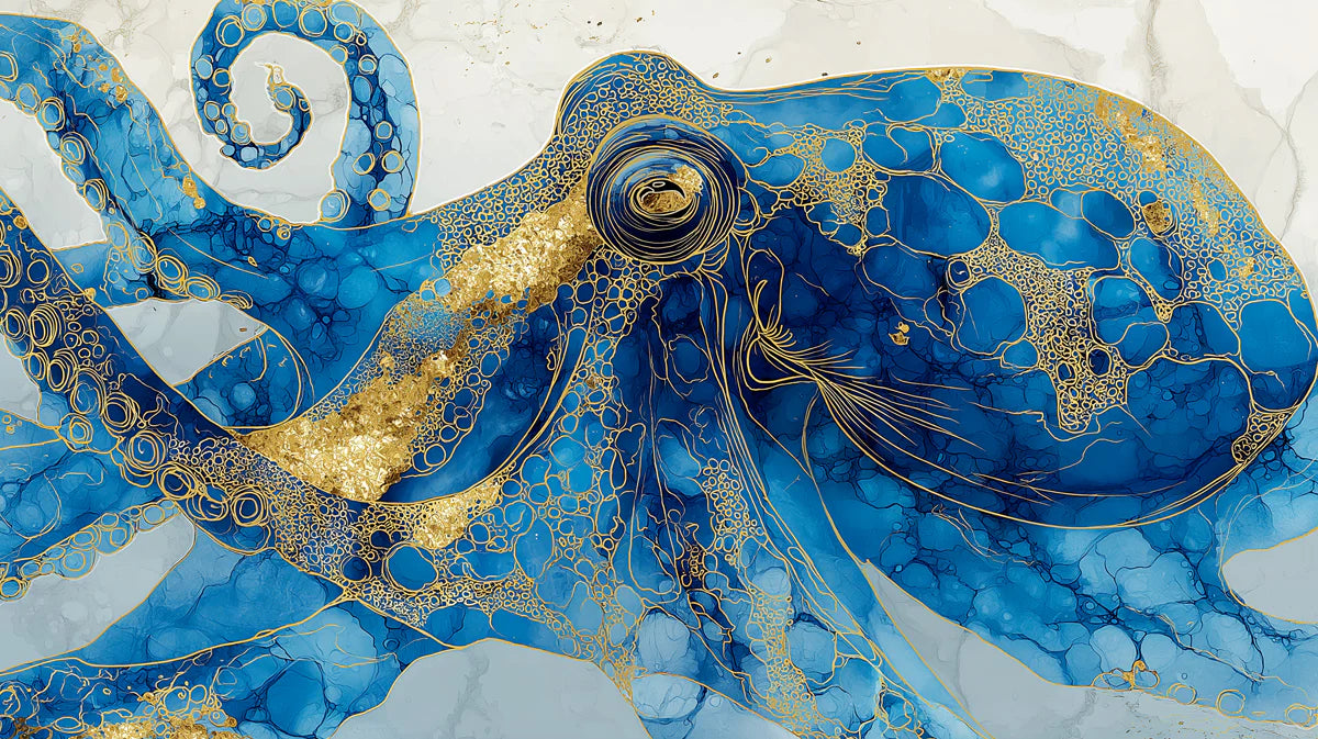 Abstract Octopus Mural Wallpaper in Marine Blue and Gold Leaf Mural Wallpaper - room preview 04