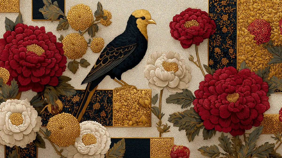 Chinoiserie Bird and Peony Mural Wallpaper — Traditional Floral Art Mural Wallpaper - room preview 04