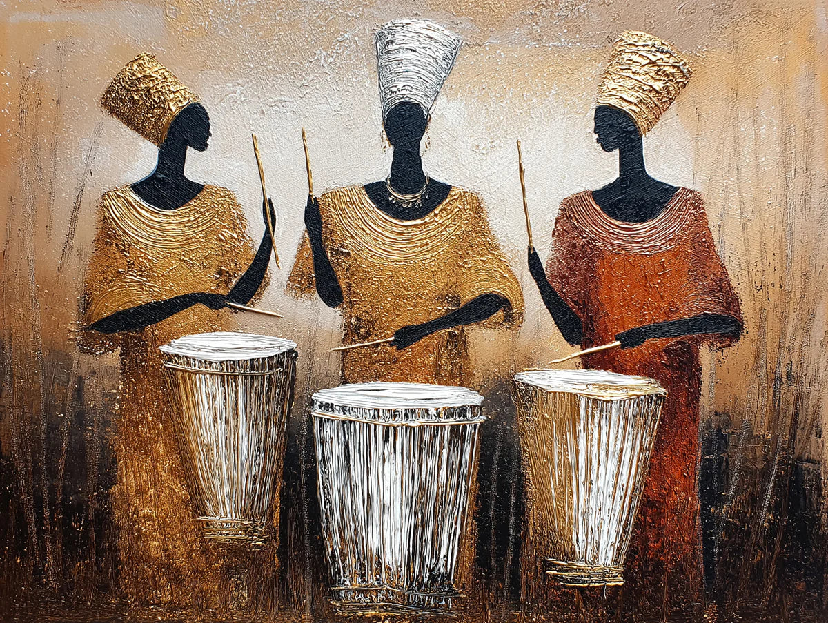 African Rhythm Drummers Mural Wallpaper — Textured Oil Painting Art Mural Wallpaper - room preview 04