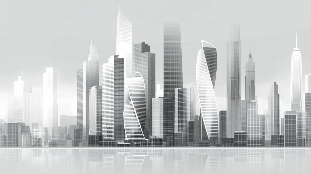 Monochrome Futuristic Skyline Mural Wallpaper — Modern Urban Decor Mural Wallpaper - room preview 04