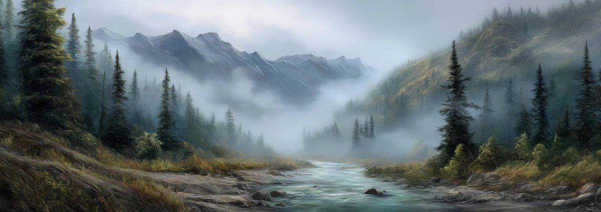 Misty Alpine Valley Mural — Impressionistic Mountain Landscape Mural Wallpaper - room preview 04