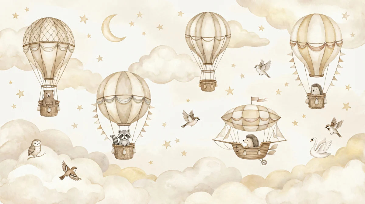 Vintage Hot Air Balloon Mural Wallpaper with Woodland Animals Mural Wallpaper - room preview 04