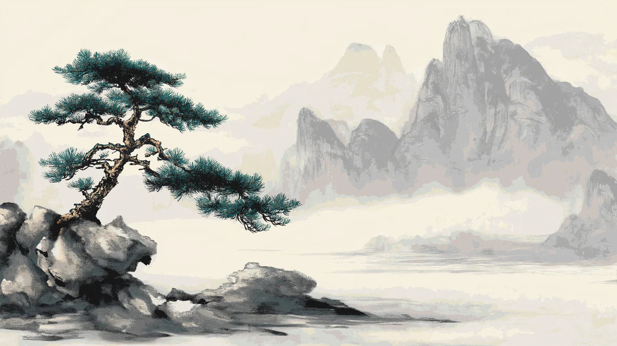 Misty Pine Peak Mural Wallpaper — Traditional Ink Landscape Mural Wallpaper - room preview 04