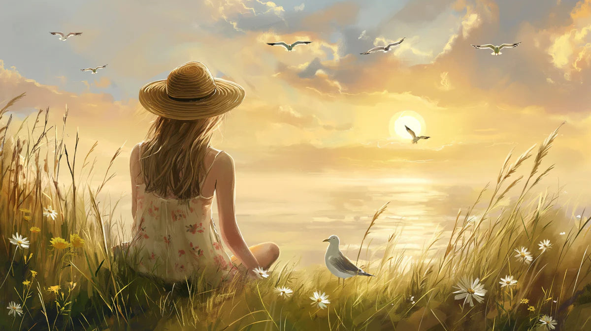 Coastal Sunset Girl Meadow Mural Wallpaper — Impressionistic Style Mural Wallpaper - room preview 04