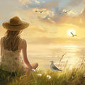 Coastal Sunset Girl Meadow Mural Wallpaper — Impressionistic Style Mural Wallpaper - room preview 04