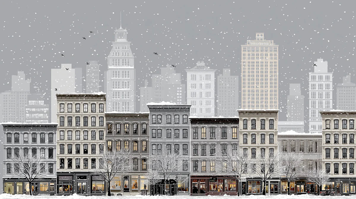 Snowy Vintage Cityscape Mural Wallpaper —Classic Urban Illustration Mural Wallpaper - room preview 04