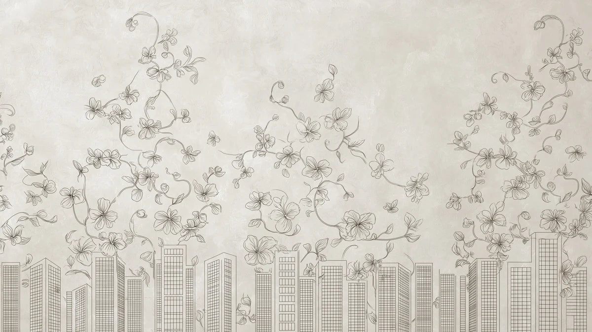 Urban Floral Skyline Mural Wallpaper — Minimalist Line Art Decor Mural Wallpaper - room preview 04