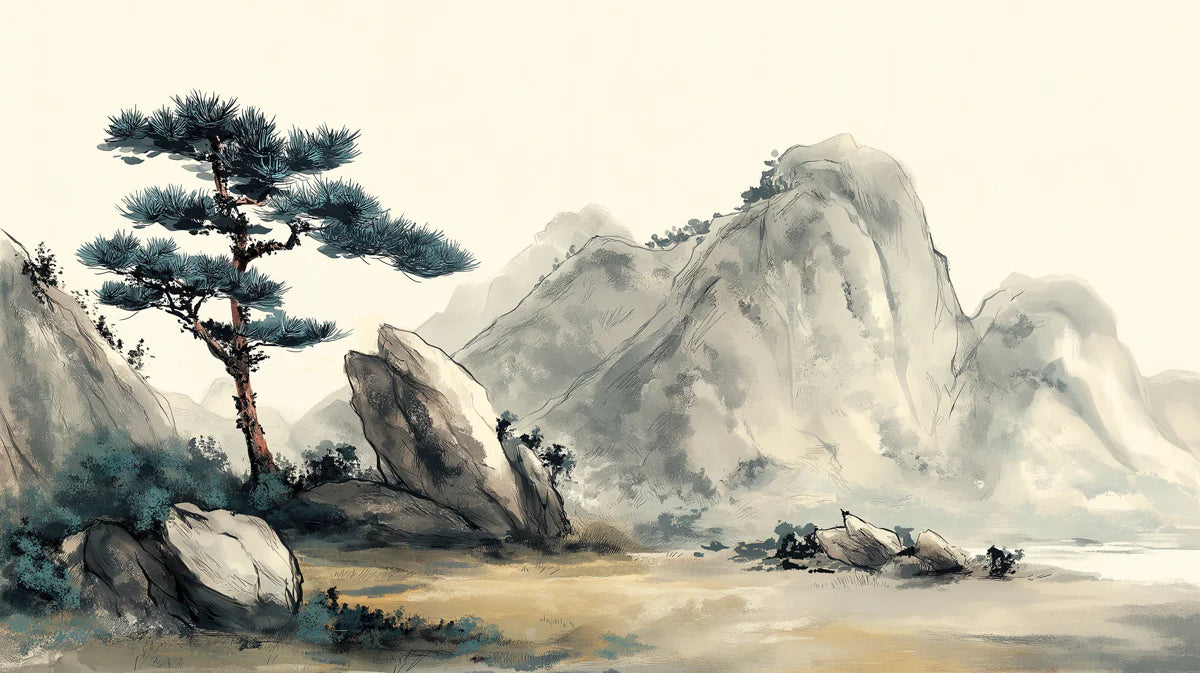 Zen Mountain Pine Mural Wallpaper — Traditional Landscape Art Mural Wallpaper - room preview 04