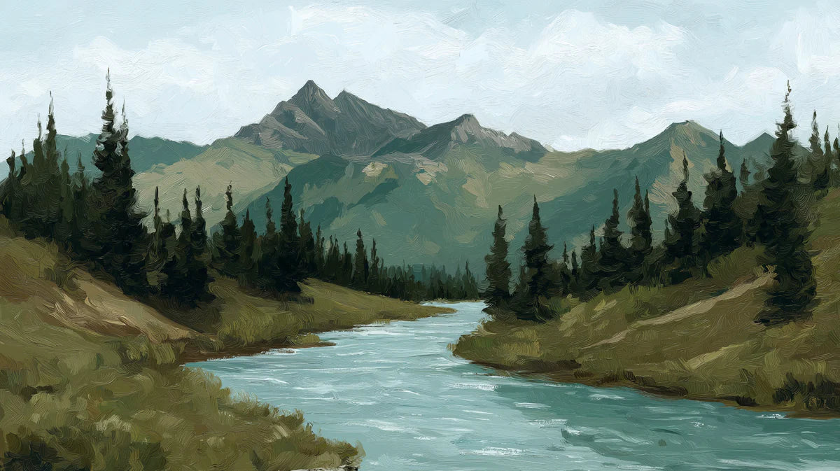 Alpine Pine River Mural Wallpaper — Impressionistic Landscape Mural Wallpaper - room preview 04