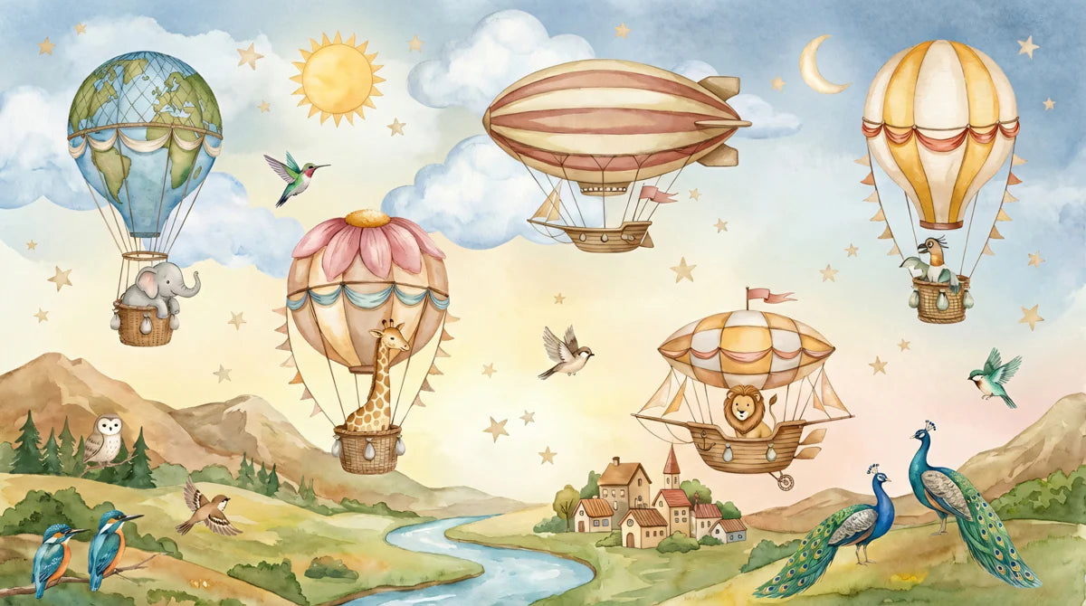 Safari Hot Air Balloon Mural Wallpaper — Whimsical Travel Adventure Mural Wallpaper - room preview 04
