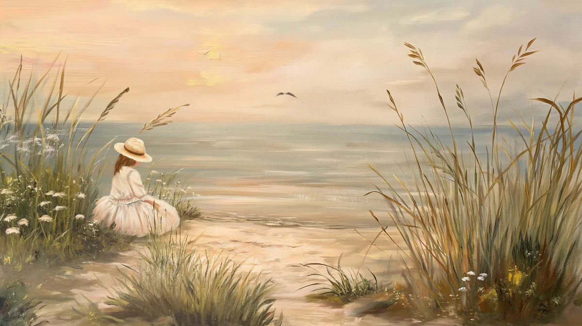 Coastal Dune Sunset Mural Wallpaper — Dreamy Oil Painting Scene Mural Wallpaper - room preview 04