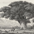 Banyan Tree Mountain Landscape Mural Wallpaper — Vintage Etching Mural Wallpaper - room preview 04