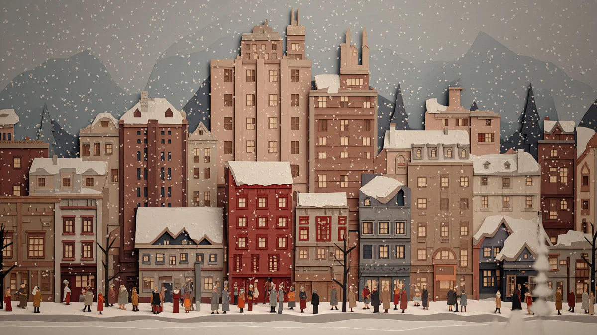 Snowy Paper-Cut Cityscape Mural — Whimsical Urban Winter Decor Mural Wallpaper - room preview 04
