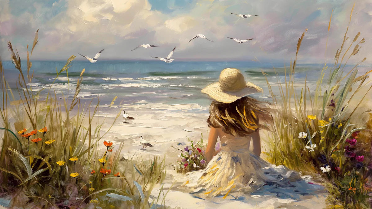 Impressionist Seaside Girl Mural Wallpaper — Painterly Coastal Art Mural Wallpaper - room preview 04