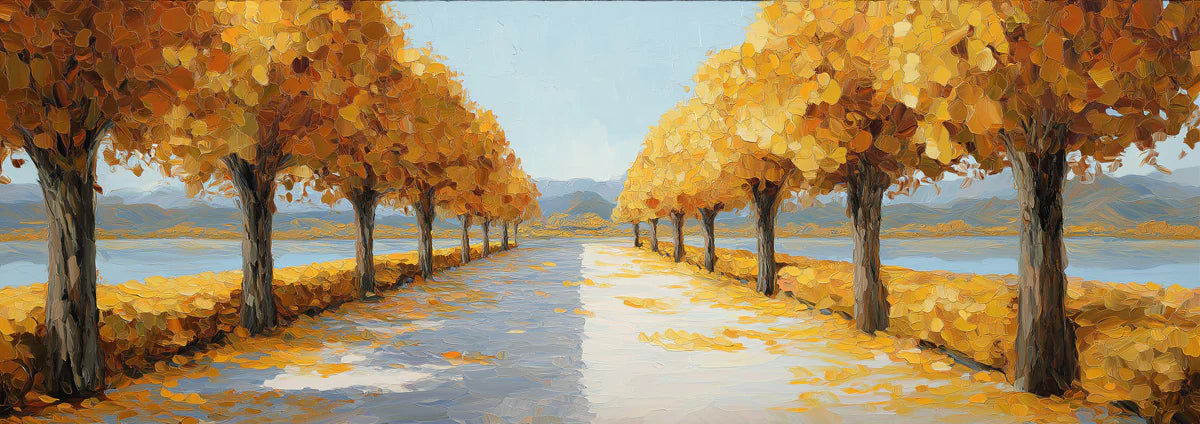 Golden Lakeside Promenade Mural — Impressionist Autumn Landscape Mural Wallpaper - room preview 04