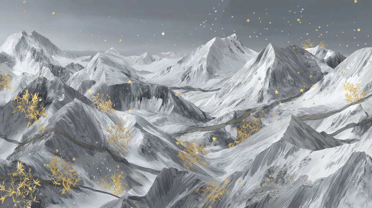 Starry Mountain Peak Mural Wallpaper — Artistic Monochrome Decor Mural Wallpaper - room preview 04