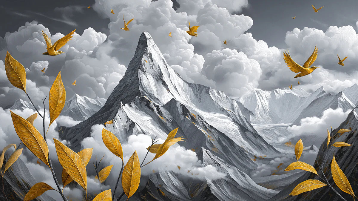 Golden Peaks and Flying Birds Mural Wallpaper — Surreal Landscape Mural Wallpaper - room preview 04