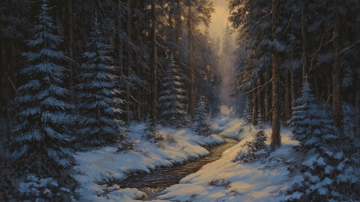 Snowy Winter Forest Stream Mural Wallpaper — Moody Landscape Decor Mural Wallpaper - room preview 04
